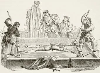 Homem a ser torturado na prateleira, de "The National and Domestic History of England" de William Hickman Smith Aubrey (1858-1916) publicado em Londres, c.1890 (litografia)