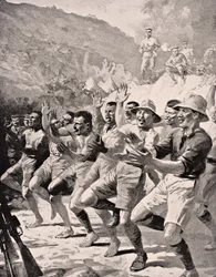 Soldados Maori realizam um Haka em Gaba Tepe na Península de Gallipoli na Turquia em 1915, de &39;The War Illustrated Album deLuxe&39;, publicado em Londres, 1916