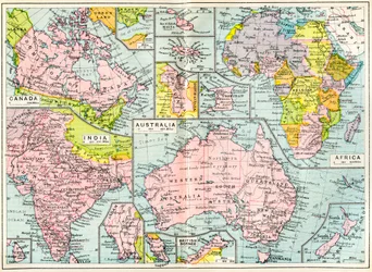 Mapa de posses britânicas em 1914 no início da Primeira Guerra Mundial, de The British Empire Universities Modern English Illustrated Dictionary, pub.1914