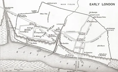 Mapa de Londres no século 11, de "Uma Breve História do Povo Inglês" por JR Green, publicado em 1893