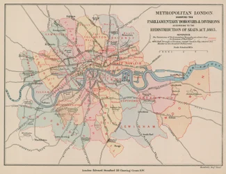 Mapa da Metropolitan London mostrando os distritos e divisões parlamentares, 1885