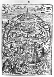 Mapa da Ilha da Utopia, frontispício do livro, 1563