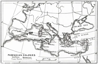 Mapa das colónias fenícias e das suas rotas comerciais mediterrânicas