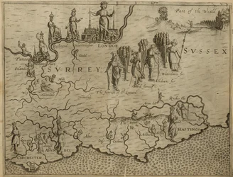 Mapa do sul da Inglaterra, incluindo Londres, Surrey e Sussex