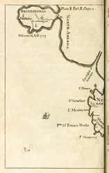 Mapa mostrando a localização de Brobdingnag da primeira edição de Viagens para Várias Nações Remotas do Mundo, melhor conhecida como Gullivers Travels por Jonathan Swift
