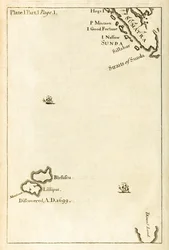 Mapa mostrando a localização de Lilliput da primeira edição de Viagens para Várias Nações Remotas do Mundo, melhor conhecida como Gullivers Travels por Jonathan Swift