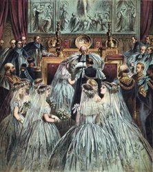 Casamento do Príncipe de Gales (que se tornou Rei Eduardo VII da Inglaterra) (1841-1910) com Alexandra da Dinamarca (Alexandra Caroline Marie Charlotte Louise Julie de Schleswig-Holstein-Sonderburg-Glucksbourg (Schleswig Holstein Sonderburg Glucksbourg) (1
