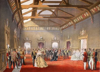 Marshalling a procissão da noiva no salão central dos apartamentos temporários, de um Memorial do casamento de Edward VII e Alexandra da Dinamarca, pub. 1864