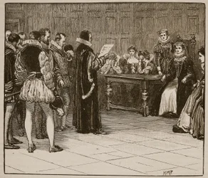 Maria, rainha dos escoceses recebendo intimação de sua desgraça, ilustração da história ilustrada de Cassells da Inglaterra (foto sépia)