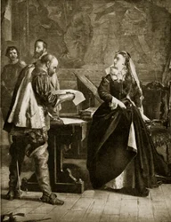 Mary Queen of Scots assina sua abdicação, julho de 1567, ilustração de Hutchinsons História da nação britânica, c.1923