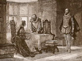 Mary, assinando o ato de abdicação no Castelo de Lochleven, ilustração da história ilustrada de Cassells da Inglaterra (foto sépia)