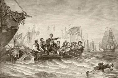 Transferência do comandante Oliver Hazard Perry do brigue americano Lawrence para o brigue americano Niagra durante a Batalha do Lago Erie (litografia)