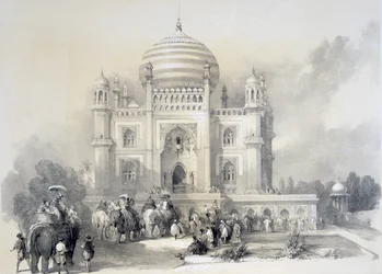 Mausoléu de Jufhir Junge, Delhi, do Portfólio Oriental: Ilustrações pitorescas da paisagem e arquitetura da Índia por Horace H. Wilson, publicado em 1841
