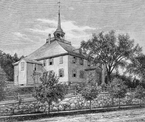 Casa de reunião em Hingham, ilustração do volume III de &39;Narrativa e crítica da história da América&39;, 1886