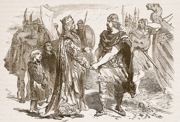 Encontro de Edmund Ironside e Canute na Ilha de Alney no Severn em 1016, ilustração de Cassells Illustrated History of England (foto em sépia)