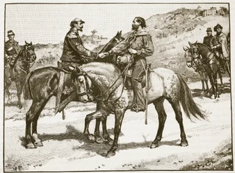 Encontro de Garibaldi e Victor Emmanuel, ilustração da História Ilustrada de Cassells da Inglaterra (foto sépia)