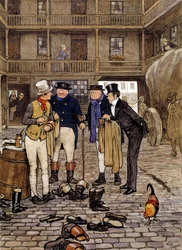 Os membros do clube Pickwick encontram-se com Sam Willer Ilustração das obras de Charles Dickens (1812-1870) da escola inglesa. 1837 Coleção particular