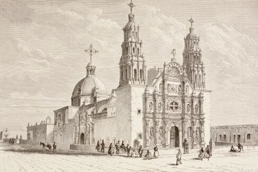 Catedral metropolitana na Plaza de Armas, Chihuahua, México, no século XIX (litografia)