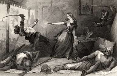 Miss Wheeler defendendo-se contra sipaios em Cawnpore em 1857, de «The History of the Indian Mutiny», publicado em 1858