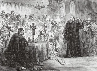 Mollio jogando sua tocha diante da Inquisição, ilustração de A História do Protestantismo, de James Aitken Wylie (1808-1890), pub. 1878