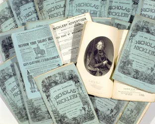 Questões mensais da vida e aventuras de Nicholas Nickleby por Charles Dickens (1812-1870), publicado em 1839 (ver 136076)