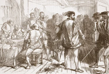 Faixa de Mouchares que ataca os protestantes no Hostelry no Faubourg St Germain, ilustração da história do protestantismo por James Aitken Wylie (1808-1890), bar. 1878