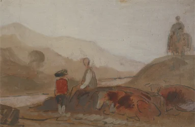 Paisagem montanhosa com a figura de um lago (um homem sentado por um lago no meio de montanhas), anteriormente atribuída a JMW Turner (1775-1851) e também atribuída a Pedro de Wint (1784-1849), 1825-30 (óleo