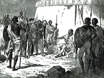 Entrevista de Mr. Rassam com o rei Theodore da ilustrada história de Cassell da Inglaterra, 1868