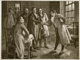 Sr. Alexanders Levee na prisão de Kings Bench, ilustração da história ilustrada de Cassells da Inglaterra (foto sépia)
