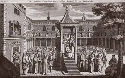 Sr. Latimer pregando diante do rei Edward VI em Westminster, ilustração de Foxes Martyrs c.1703