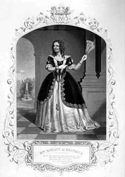 Sra. Mowatt como Beatrice, Acto II Cena 1, em Much Ado About Nothing, de William Shakespeare (1564-1616) de um daguerreótipo de Paine of Islington (gravura)