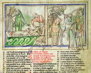 Ms.Ed.3.59 fol.6r Harald Harefoot supervisiona a tortura de Alured e a opressão do povo da Inglaterra, da vida de São Eduardo, o Confessor, c.1250-60