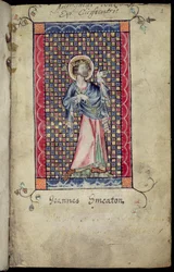 Ms 1-2005, f.1r: St. Edmund, miniatura do Saltério de Macclesfield, Uso de Sarum, East Anglia, c.1330