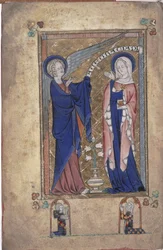 Ms 242 Folio 2v, Anunciação à Virgem, das Horas Grey-Fitzpayne