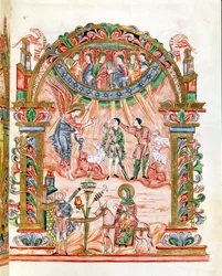 Ms 274 (Y-6) fol.33 A Anunciação aos Pastores e a Fuga para o Egito, do Missal de Robert de Jumieges, c.1016