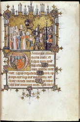 Ms 38-1950, f.29r: David à frente de uma procissão carregando a cabeça de Golias em uma lança, do Bohun Saltério, c.1370