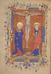 Ms 515 fol.108r Crucificação com Santa Maria e São João Batista, do Missal de São Botolph Aldersgate, c.1420-30