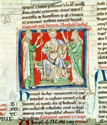 Ms 6712 (A.6.89) 2 fol.135v Henry (1133-1189), em miniatura das flores da história por Matthew Paris, 1250-1252