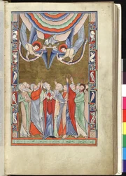 Ms Hunter 229 f.14r The Ascension, do Hunterian Psalter, c.1170 (caneta & tinta e têmpera sobre o vellum)