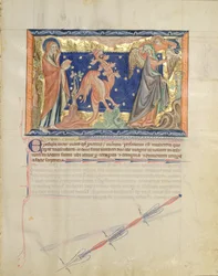 Sra. LA 139-Lisboa fol.31 São João vendo um anjo ajudar a mulher a escapar do dragão vermelho, do Apocalipse Gulbenkian, c.1265-70