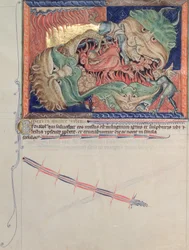 Sra. LA 139-Lisboa, fol.71 As garras do Inferno engolindo o dragão vermelho, a besta do mar e a fera da terra, do Apocalipse Gulbenkian, c.1265-70
