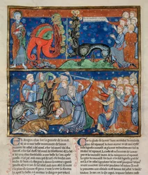Ms R.16.2 f.14b A morte do monstro de sete cabeças, do Apocalipse da Trindade, anglo-normando, c.1250 (velino)