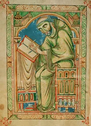 Sra. R 17 I f.283v Monge Eadwine a trabalhar no manuscrito, Eadwine Psalter, c.1150 (vellum)