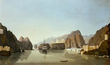 Mascate do porto com uma fragata britânica ancorada, de dezesseis vistas de lugares no Golfo Pérsico, por tenente R. Temple, publicado em 1813 (aquatint)