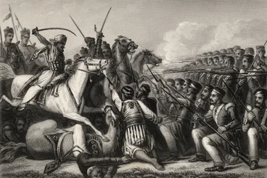 Cavalaria de Mutineer que ataca uma infantaria quadrada na Batalha de Cawnpore em 1857, de "A História do Motim Indiano", publicada em 1858