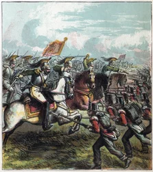 Guerra Napoleónica: a Batalha de Waterloo em 18/06/1815. A cavalaria francesa de Napoleão I encarregou o exército inglês, a derrota dos franceses marcou o fim do Império de Napoleão I. A Batalha de Waterloo