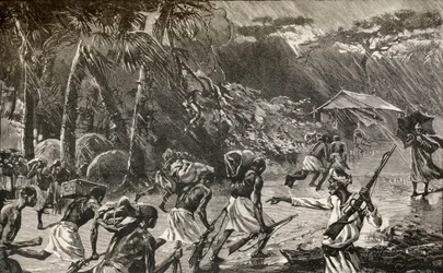 Carregadores nativos da expedição de socorro a Emin Paxá, de Sir Henry Morton Stanley, em África, de 1886 a 1889