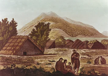 Nativos, com cabanas e montanhas atrás, gravado por F. Fumagalli (gravura de cor)