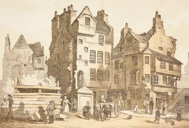 Netherbow House, Edimburgo como era em 1843, de "The Scots Worthies" de John Howie, segunda edição publicada em 1879