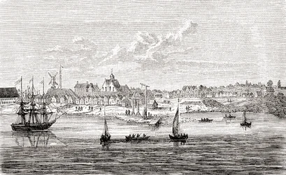 Nova Amesterdão, uma povoação holandesa do século XVII na ponta sul da ilha de Manhattan, América, da História Ilustrada do Mundo de Ward e Lock, pub. c.1882